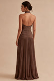 Dark Coffee Halter Pleated Long A Line Backless Formal Dress