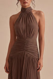 Dark Coffee Halter Pleated Long A Line Backless Formal Dress