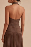 Dark Coffee Halter Pleated Long A Line Backless Formal Dress