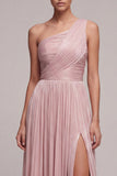 Dusty Rose One Shoulder Pleated A Line Long Formal Dress with Slit