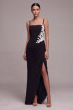 Black Square Neck Floral Mermaid Long Formal Dress with Slit