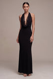 Black Halter Backless Mermaid Long Formal Dress with Lace