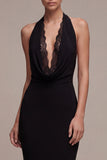 Black Halter Backless Mermaid Long Formal Dress with Lace