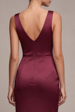 Burgundy Mermaid Corset Satin Formal Dress with Slit