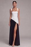 Black and White Colorblock Corset Square Neck Formal Dress with Slit