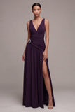 Plum A Line V Neck Ruched Formal Dress with Rhinestone