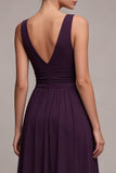 Plum A Line V Neck Ruched Formal Dress with Rhinestone
