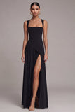 Black Square Neck A Line Long Formal Dress with Slit