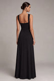 Black Square Neck A Line Long Formal Dress with Slit