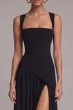 Black Square Neck A Line Long Formal Dress with Slit