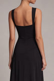 Black Square Neck A Line Long Formal Dress with Slit