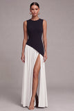 Black and White Round Neck Long Sheath Formal Dress with Slit