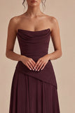 Burgundy A Line Ruched Strapless Long Formal Dress
