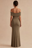 Khaki Off the Shoulder Mermaid Ruched Long Formal Dress