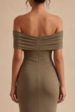 Khaki Off the Shoulder Mermaid Ruched Long Formal Dress