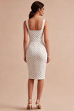 White and Black Square Neck Bodycon Midi Polka Dots Dress
