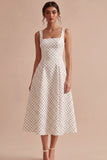White and Black Thick Straps A Line Midi Polka Dots Dress