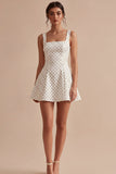White Black Dots Square Neck A Line Graduation Dress