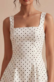 White Black Dots Square Neck A Line Graduation Dress