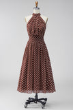 Coffee White A-Line Halter Neck Chiffon Backless Midi Polka Dots Dress
