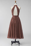 Coffee White A-Line Halter Neck Chiffon Backless Midi Polka Dots Dress