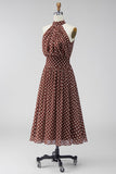 Coffee White A-Line Halter Neck Chiffon Backless Midi Polka Dots Dress