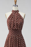 Coffee White A-Line Halter Neck Chiffon Backless Midi Polka Dots Dress