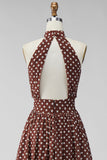 Coffee White A-Line Halter Neck Chiffon Backless Midi Polka Dots Dress