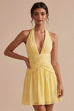 A Line Short Daffodil Halter Ruched Backless Graduation Dress