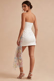 Strapless Floral White Tight Short Beaded Graduation Dress with Sash