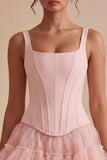 Pink A Line Short Corset Thick Straps Graduation Dress with Ruffles