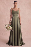 Olive Spaghetti Straps A Line Satin Long Bridesmaid Dress