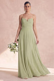 Dusty Sage A Line Spaghetti Straps Long Bridesmaid Dress