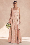 Sage A Line Floral Long Thick Straps Bridesmaid Dress with Bow