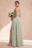 Sage A Line Floral Long Thick Straps Bridesmaid Dress with Bow