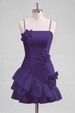 A-Line Satin Light Blue Spaghetti Straps Ruffled Homecoming Dress with 3D Flowers