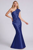 One Shoulder Satin Black Mermaid Long Formal Dress with 3D Flowers