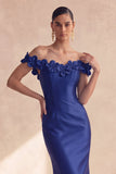 Dark Navy Off the Shoulder Mermaid Satin Long Formal Dress with 3D Flowers