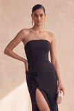 Black Strapless Mermaid Floral Long Formal Dress with Slit