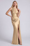 Satin Black One Shoulder Mermaid Ruched Long Formal Dress with Slit