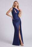 Satin Black One Shoulder Mermaid Ruched Long Formal Dress with Slit