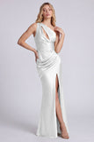 Satin Black One Shoulder Mermaid Ruched Long Formal Dress with Slit