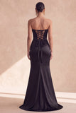 Black Satin Strapless Corset Ruched Mermaid Long Formal Dress with Slit