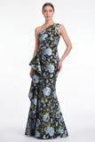 Pink Flower Mermaid One Shoulder Jacquard Long Mother Of the Bride Dress with Ruffles
