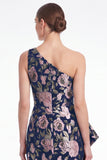 Pink Flower Mermaid One Shoulder Jacquard Long Mother Of the Bride Dress with Ruffles