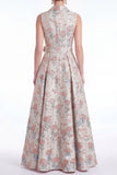 A-Line Pink Flower Notch Lapel Jacquard Long Mother Of the Bride Dress with Belt