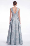 A-Line Blue Flower Jacquard V-Neck Long Mother Of the Bride Dress