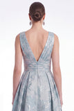 A-Line Blue Flower Jacquard V-Neck Long Mother Of the Bride Dress