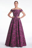Off the Shoulder Blue A-Line Floral Jacquard Long Mother Of the Bride Dress