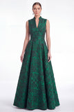A-Line Green Flower Jacquard V-Neck Long Mother Of the Bride Dress